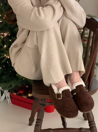 Fluffy Buckled Slip-Ons
